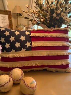 Patriotic Fringe American Flag Decorative Pillow - Red, White & Blue